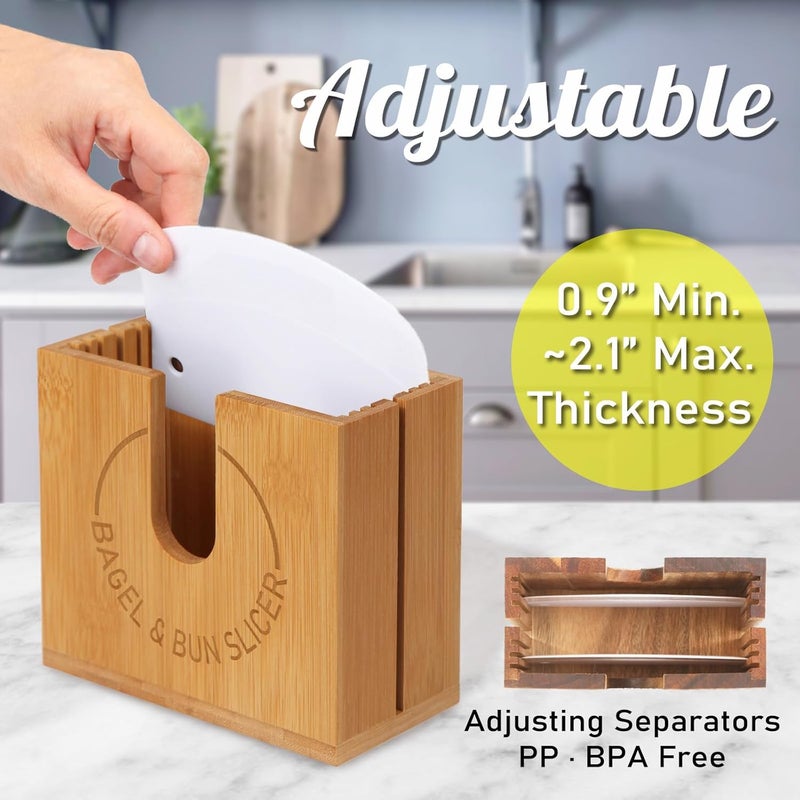 cenleoha Large Adjustable Bagel Slicer Holder | Bamboo Bagel Cutting Holder with Width-Adjustable Slots for Small & Large Bagels, Buns & English Muffins, Knife Groove & Non-Slip Base - Image 3